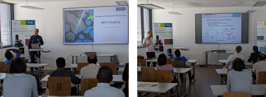 Photographs of Dominik Zimmer introducing BEX imaging and invited speaker Christian Müller showing Prussian Blue analogues