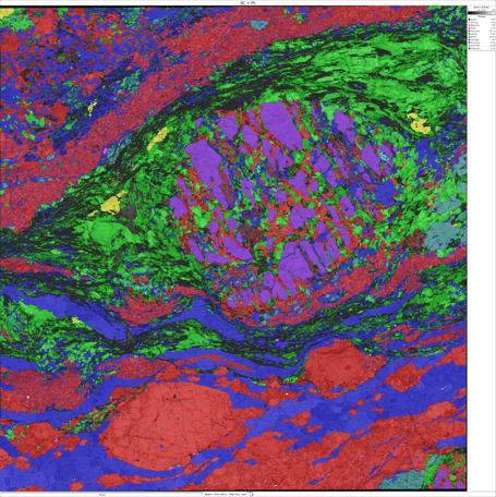 Image of a garnet bearing pelitic gneiss where the phases have been identified with EDS and EBSD.