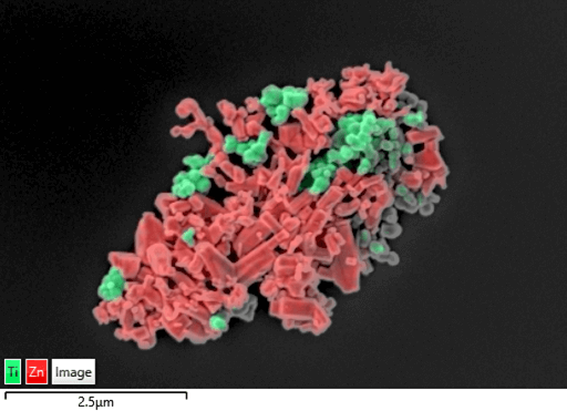 Low kV EDS map of TiO2 and ZnO nanoparticles from a sun cream sample – collected at 3kV at 20k X magnification using Ultim Extreme windowless EDS detector