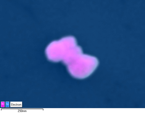 Low kV EDS map of few TiO2 nanoparticles agglomerated on a Si substrate (food sample) – analysed at 5kV, 120k X magnification using Ultim Extreme windowless EDS detector