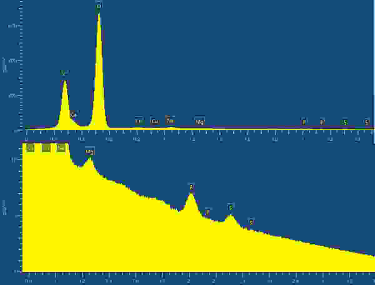 EDS spectrum of the contaminant powder showing carbon, oxygen and metals with closer analysis showing sulphur