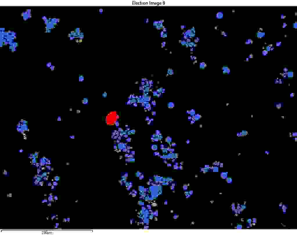 Contamination detection of tin particle in NCM811 precursor powder particles with SEM-EDS.